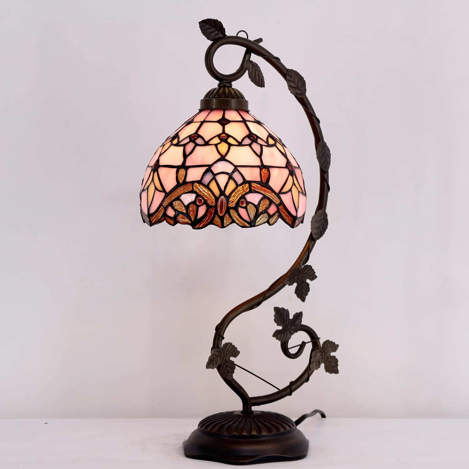 WERFACTORY Tiffany Table Lamp Pink Stained Glass Baroque Style Reading Desk Light, Metal Leaf Base 8X10X21 Inches Decor Small Space Bedside Bedroom Home Office S003P Series