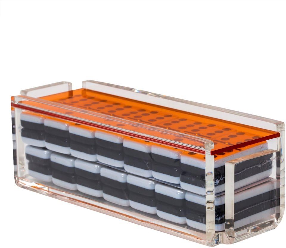 Deluxe Double Six Dominoes Set for Adults, Dominoes Double 6 Set in Acrylic Box with Color Lid, Dominos Set with Professional Jumbo Tile with Spinner Dominoes Game, Made in USA (Orange)