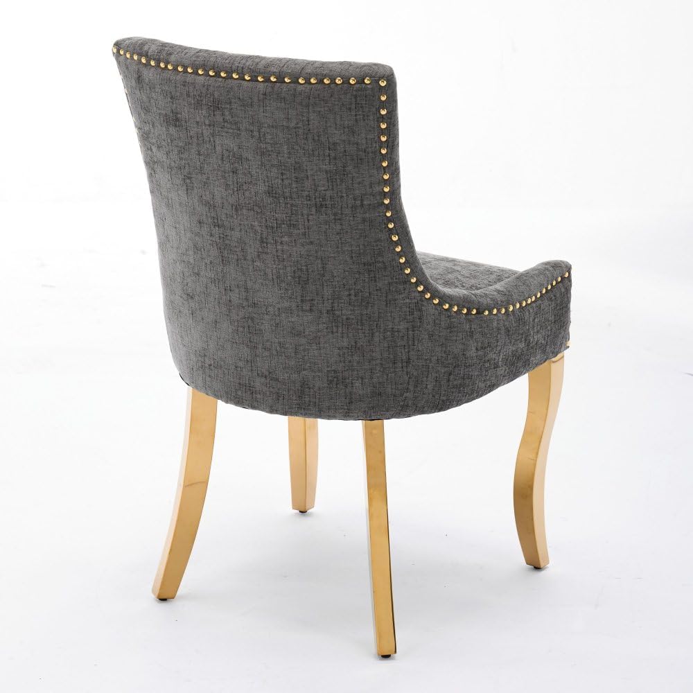 Chenille Dining Chairs Set of 2, Modern Upholstered Accent Chairs with Curved Gold-Plated Legs & Rivet Trim, Textured Fabric, One-Piece Structure for Dining/Lounge(Gray + Chenille)