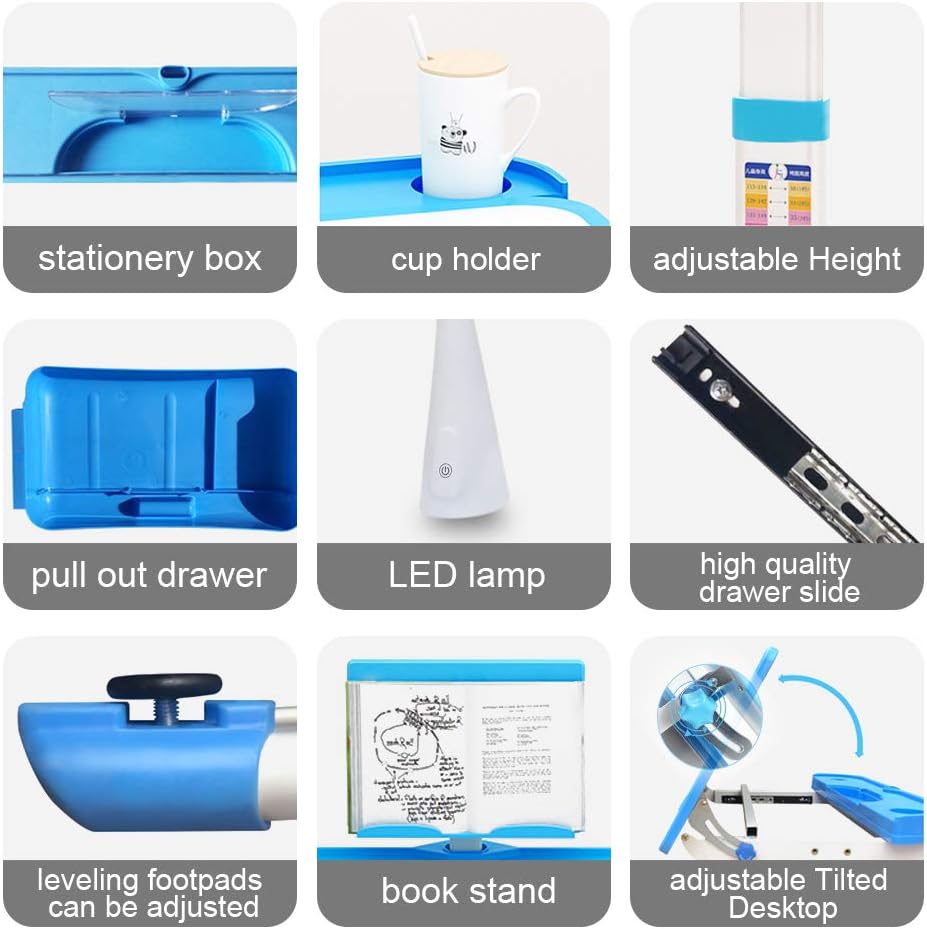 Cantonape Kids Desk and Chair Set, Height Adjustable Children School Study Desk with Tilt Desktop, Bookstand, LED Lamp, Metal Hook and Storage Drawer for Boys Girls, Blue