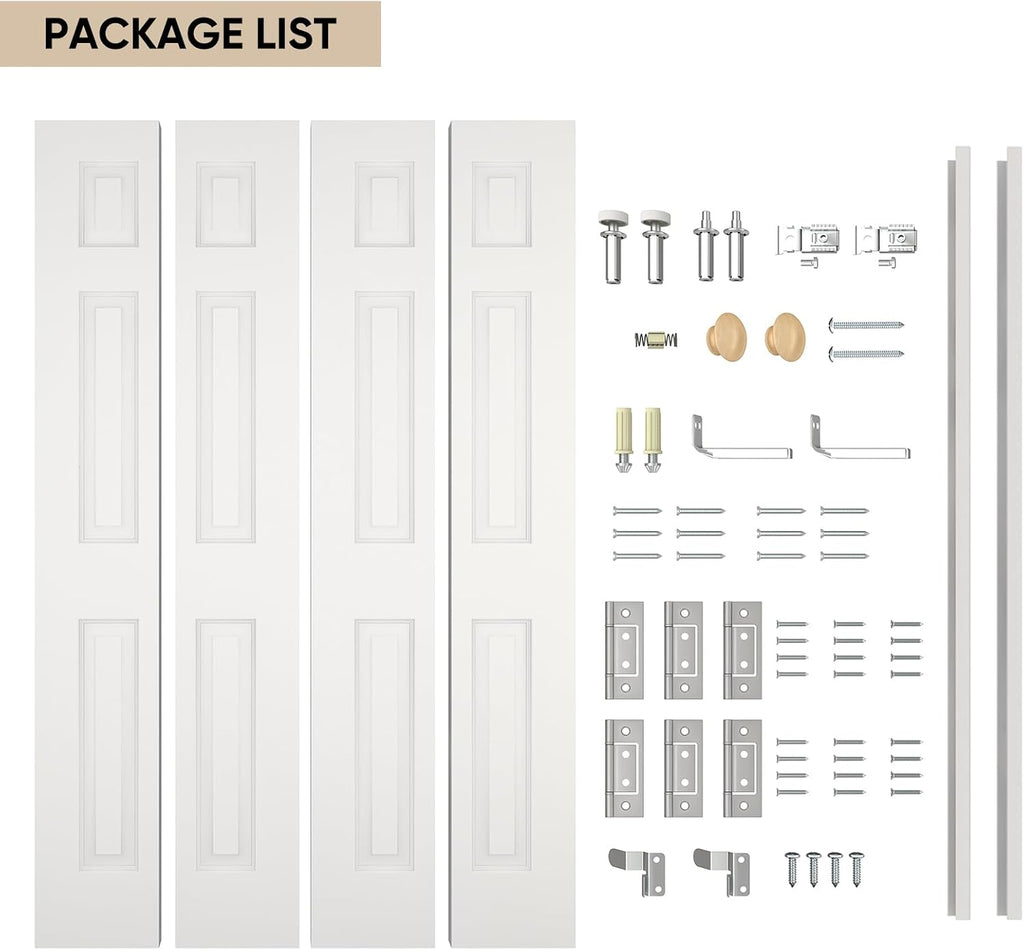 JUBEST Bifold Doors, 6 Panel Primed Bifold Closet Doors for 48'x80' Door Opening, Modern White Hollow Core Bi-Fold Door Slab with Hardware Kit & Knob, Widely Used, Primed