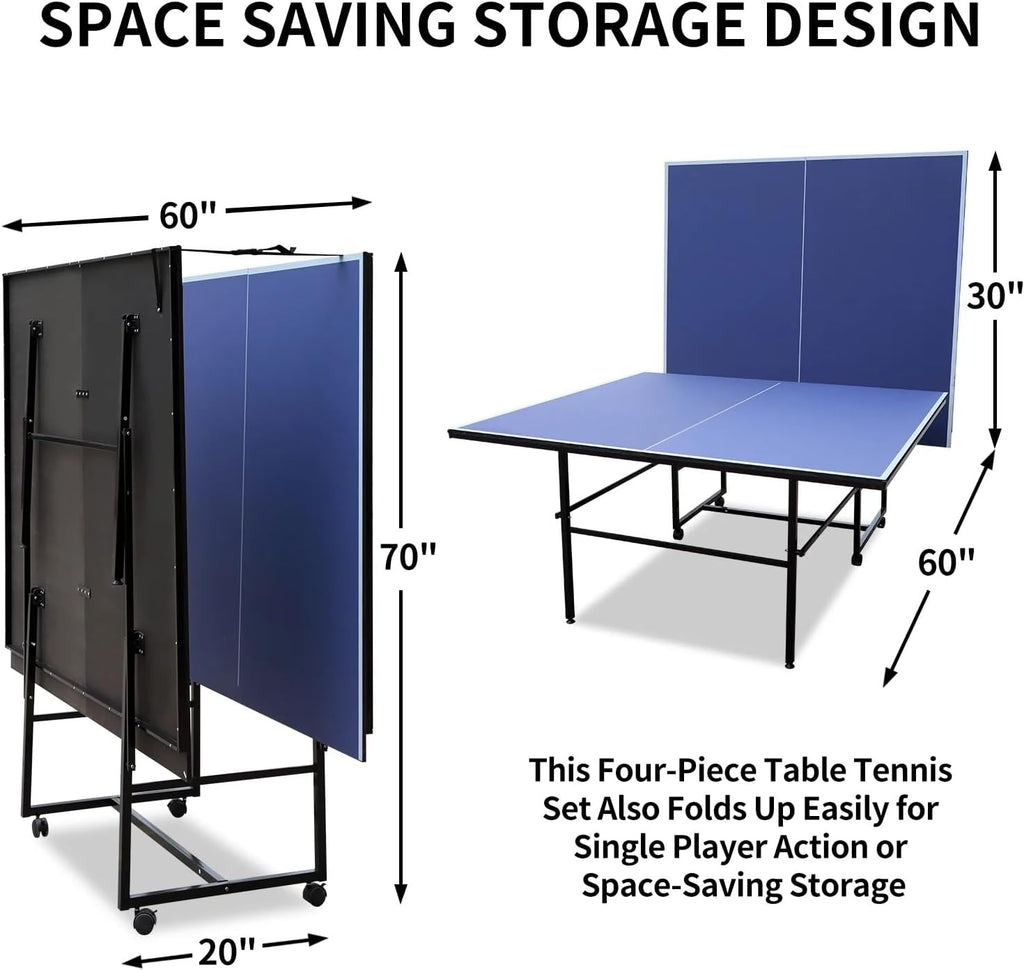9FT Ping Pong Table Rolling Foldable Table Tennis Table for with Net, Table Tennis Paddles and Balls, Multi-Use Family Game Table for Teenager Adult, Folded with Single Player Playback Mode