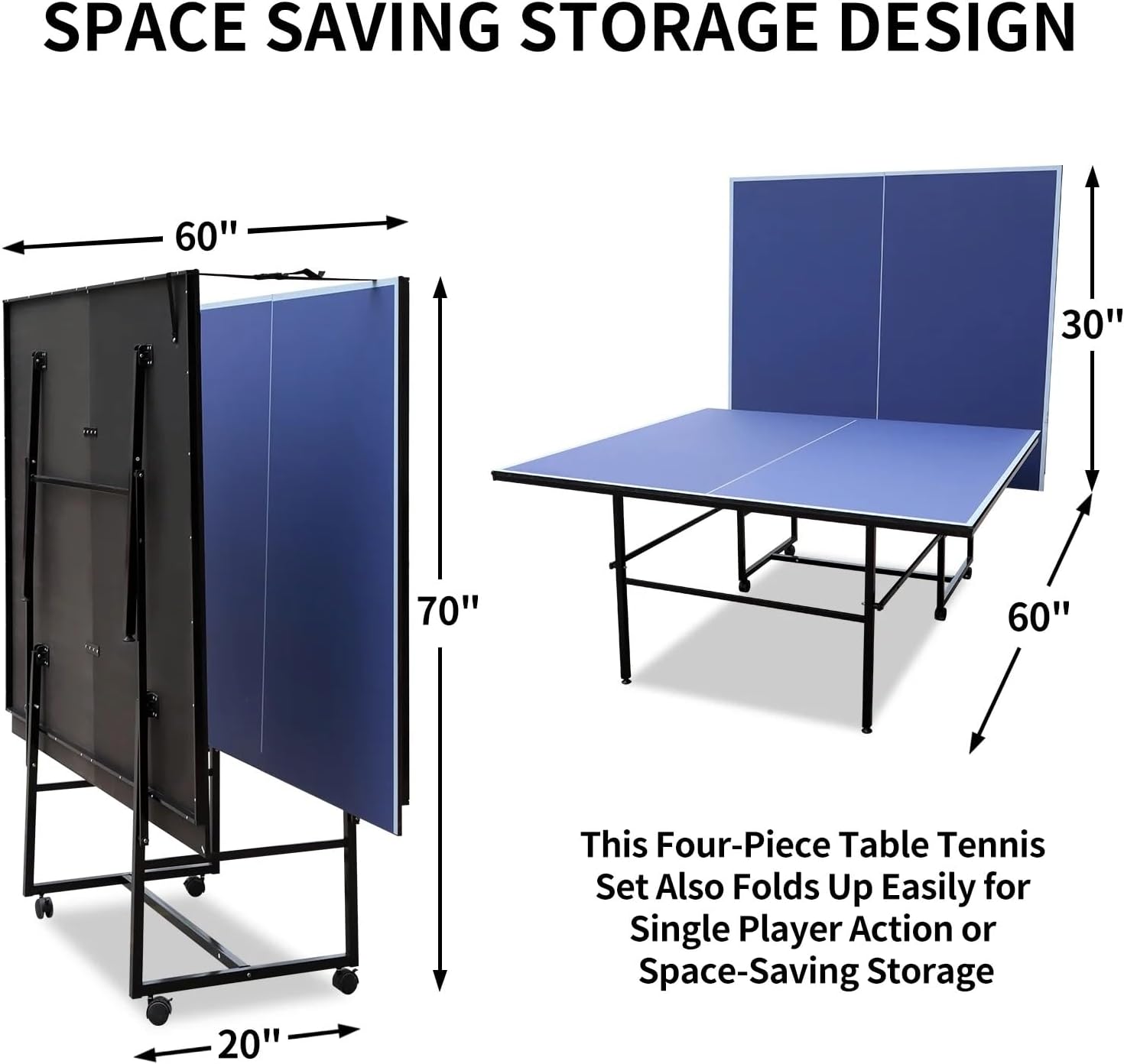 9FT Ping Pong Table Rolling Foldable Table Tennis Table for with Net, Table Tennis Paddles and Balls, Multi-Use Family Game Table for Teenager Adult, Folded with Single Player Playback Mode