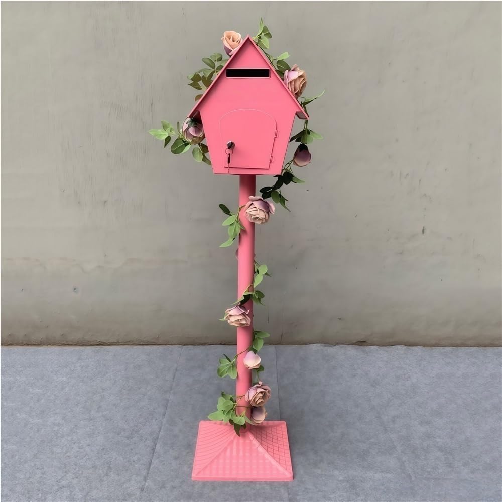 Iron Post Mailbox with Stand, Decorative Cottage Mail Box with Artificial Flowers, Outdoor Mailbox for Courtyard and Exterior Use(Pink)