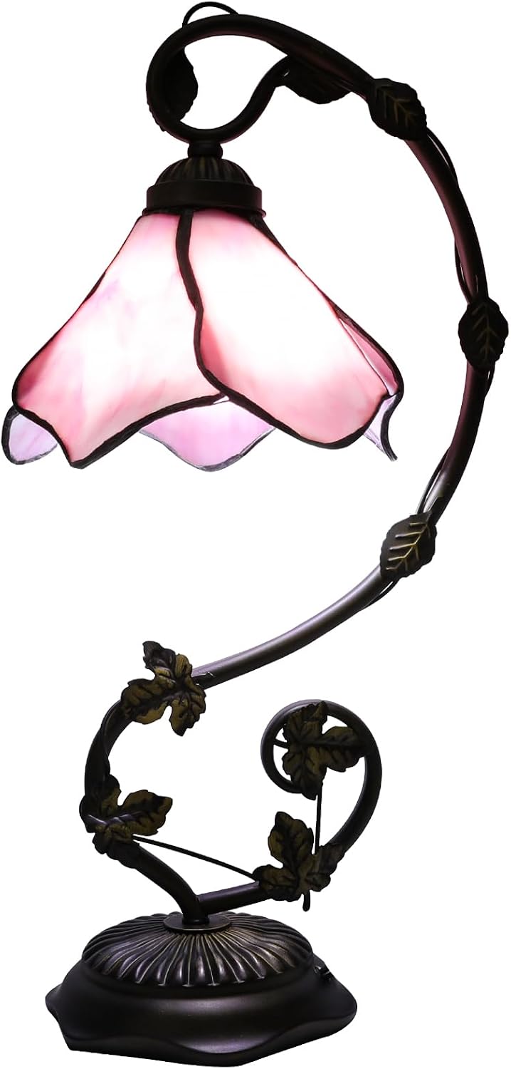 Stained Glass Table Lamp, Pink Flower Design 10x20 Inch Reading Light, 3 Color Temperature LED Bulb for Bedroom Living Room Office Decor