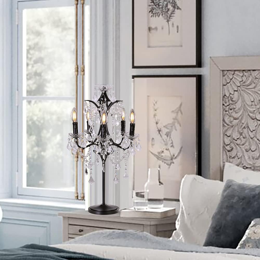 TOCHIC 5-Light Farmhouse Tranditional Crystal Table Lamp, Black Craft Candelabra Lighting Fixture 30'' Tall for Living Room, Reading Room, Bedroom, Office