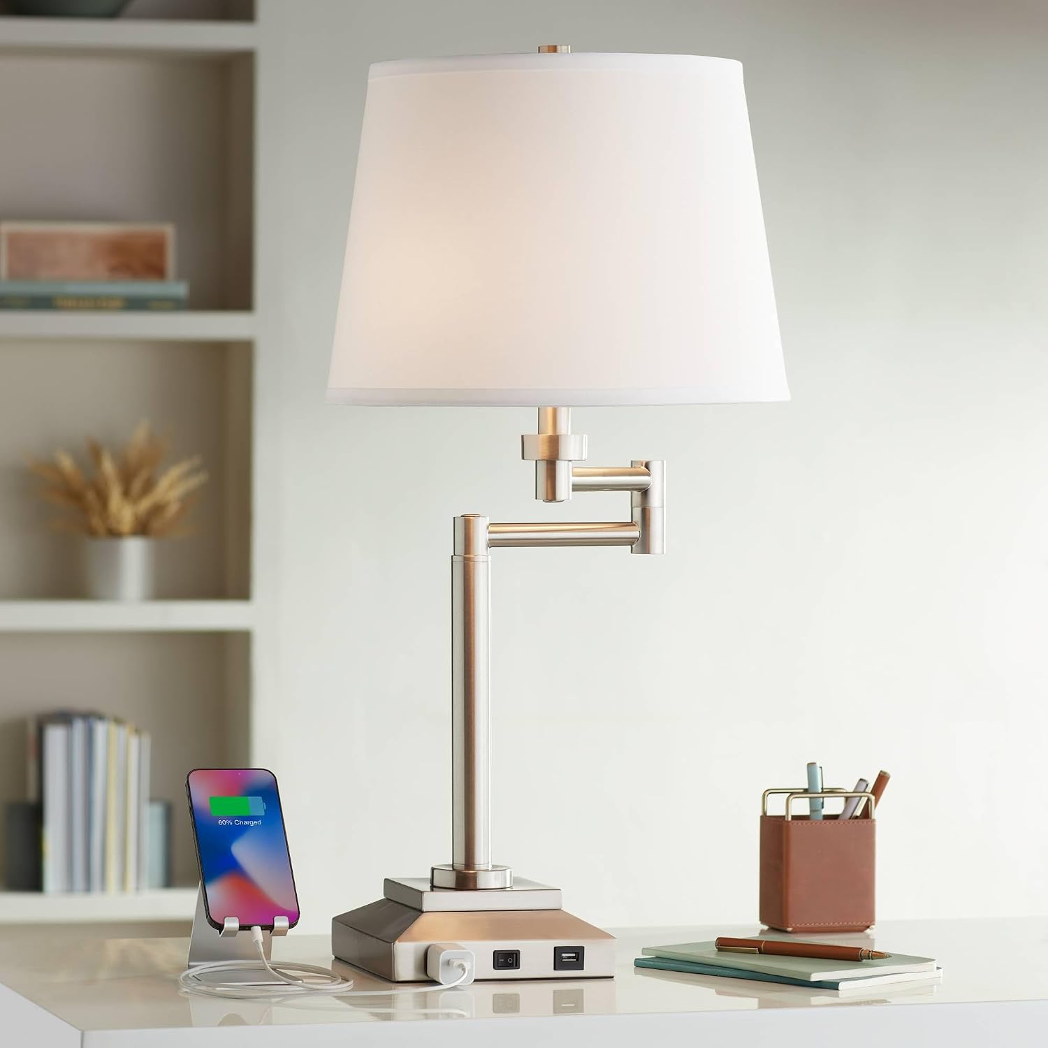 360 Lighting Camber 29' Tall Modern Swing Arm Hotel Style Desk Table Lamp with USB Charging Ports A+C and AC Power Outlet in Base Brushed Nickel Linen Shade Living Room Bedroom House Bedside Reading