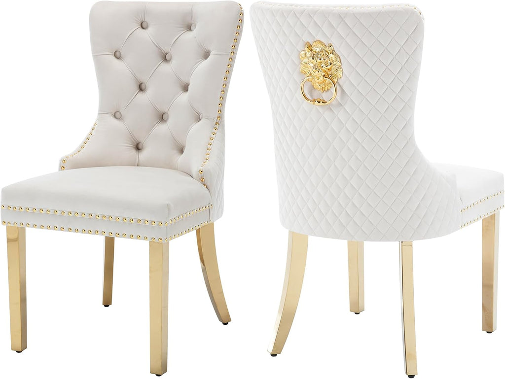 Velvet Dining Chairs Set of 2, Upholstered Dining Room Chairs, Mid-Century Modern Chairs with Diamond Lattice Tufted Back, Lion Pull Ring Rivet Trim, Golden Metal Legs for Kitchen, Beige