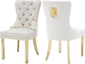 Velvet Dining Chairs Set of 2, Upholstered Dining Room Chairs, Mid-Century Modern Chairs with Diamond Lattice Tufted Back, Lion Pull Ring Rivet Trim, Golden Metal Legs for Kitchen, Beige