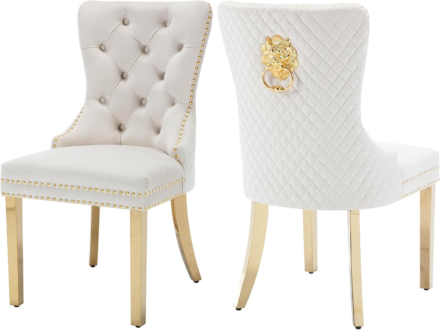 Velvet Dining Chairs Set of 2, Upholstered Dining Room Chairs, Mid-Century Modern Chairs with Diamond Lattice Tufted Back, Lion Pull Ring Rivet Trim, Golden Metal Legs for Kitchen, Beige