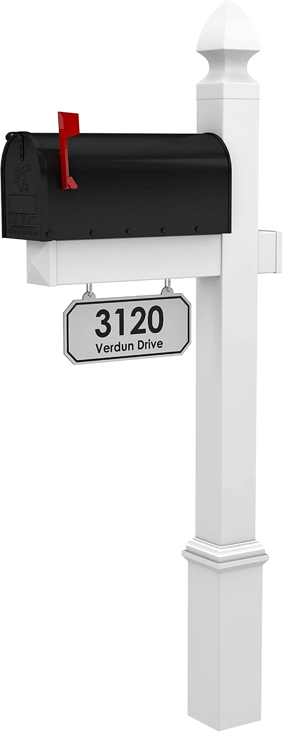 4Ever Products The Providence Vinyl Mailbox Post System - Includes Black Steel Mailbox and Custom Street Address