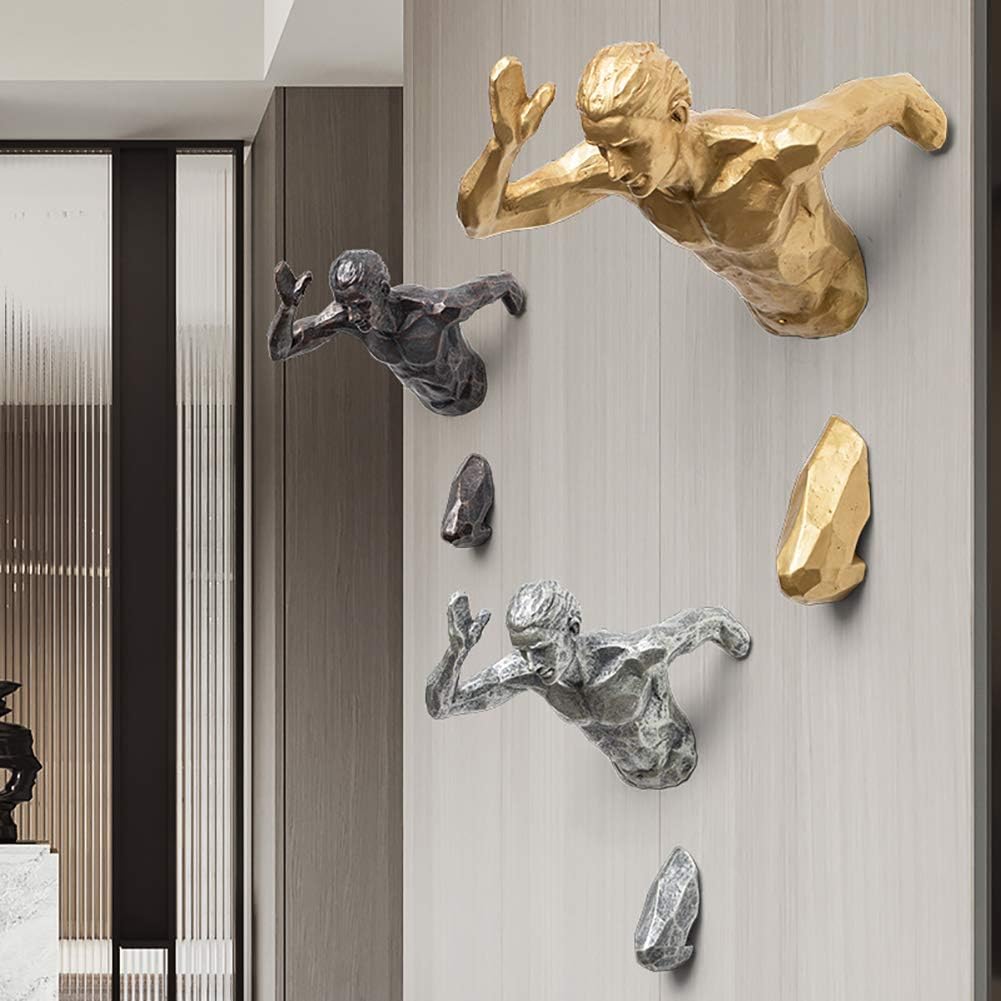 Metal Wall Art Decor, Creative Nude Male Wall Decor Sculptures,Human Torso 3D Body Art Statues for Bar Coffee Club,Running Climbing Man Wall Hanging Golden