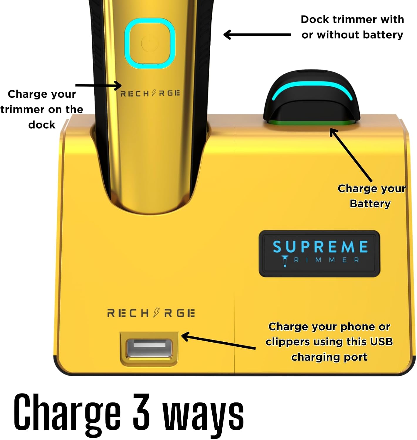Supreme Trimmer 2-in-1 Recharge Hair Clipper & Beard Trimmer Combo | 7500 RPM, Removable Battery, Smart USB Charging Base | STC779 + ST777