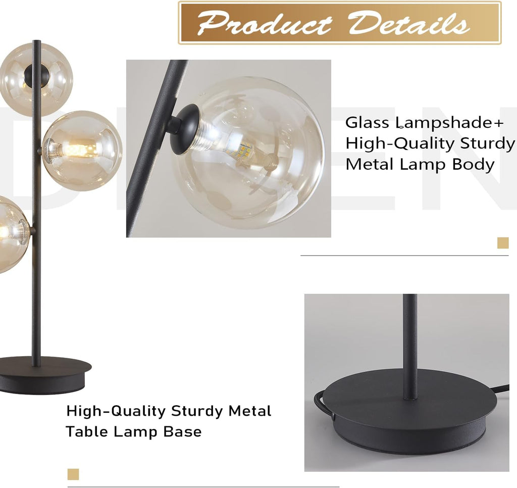 Mid Century Modern 3 Lights Globe Table Lamp Contemporary Minimalist Tall Bedside Desk Lamp Farmhouse Cognac Glass Nightstand Lamps Vintage Reading Light for Bedroom Living Room MTL03-B