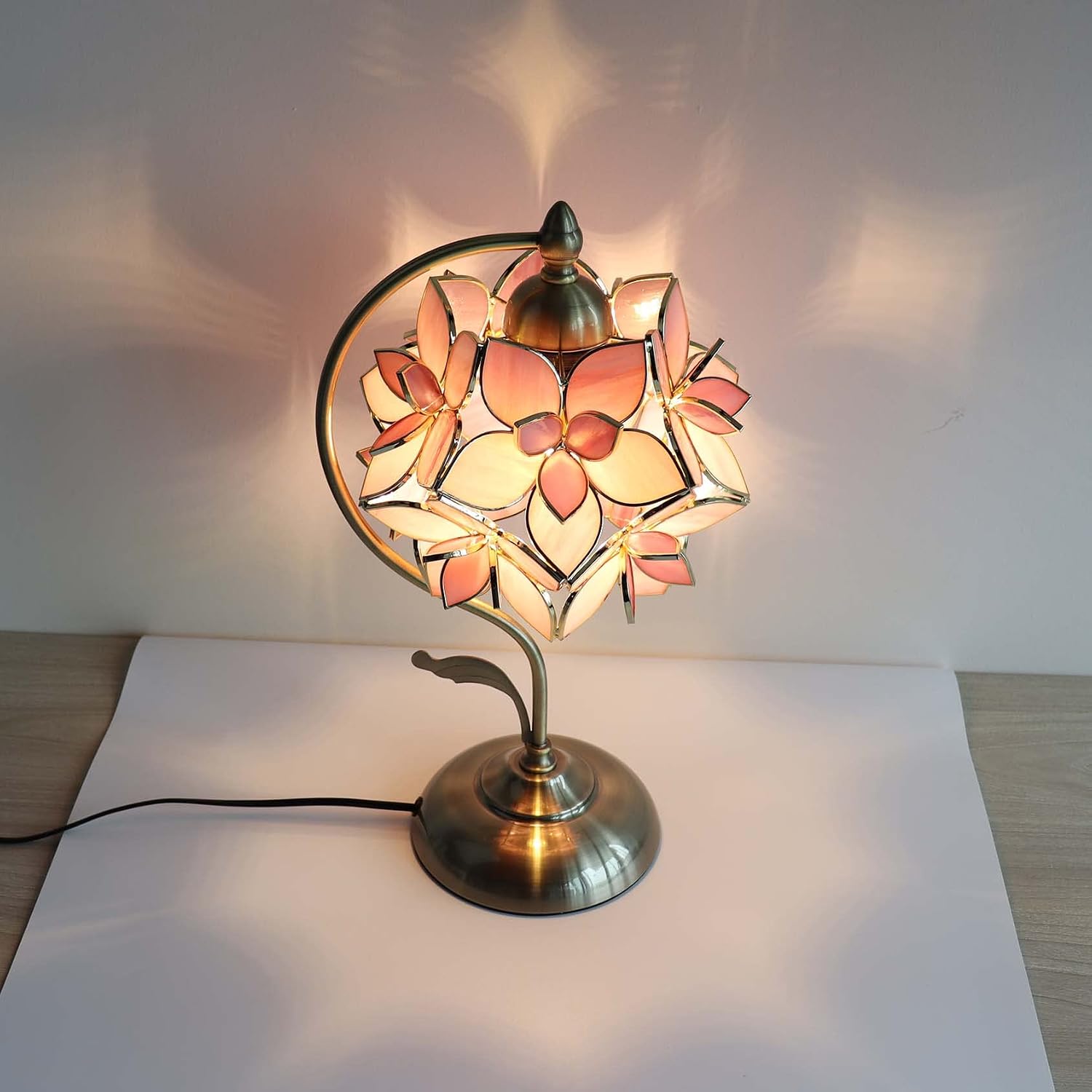Bieye L10833 Rose Lily Flower Tiffany Style Stained Glass Table Lamp with Vintage Brass Base Electroplating Finish for Bedside Bedroom Living Room Home Decoration, 8 inch Wx17 inch H, 8 inch Rose Lily