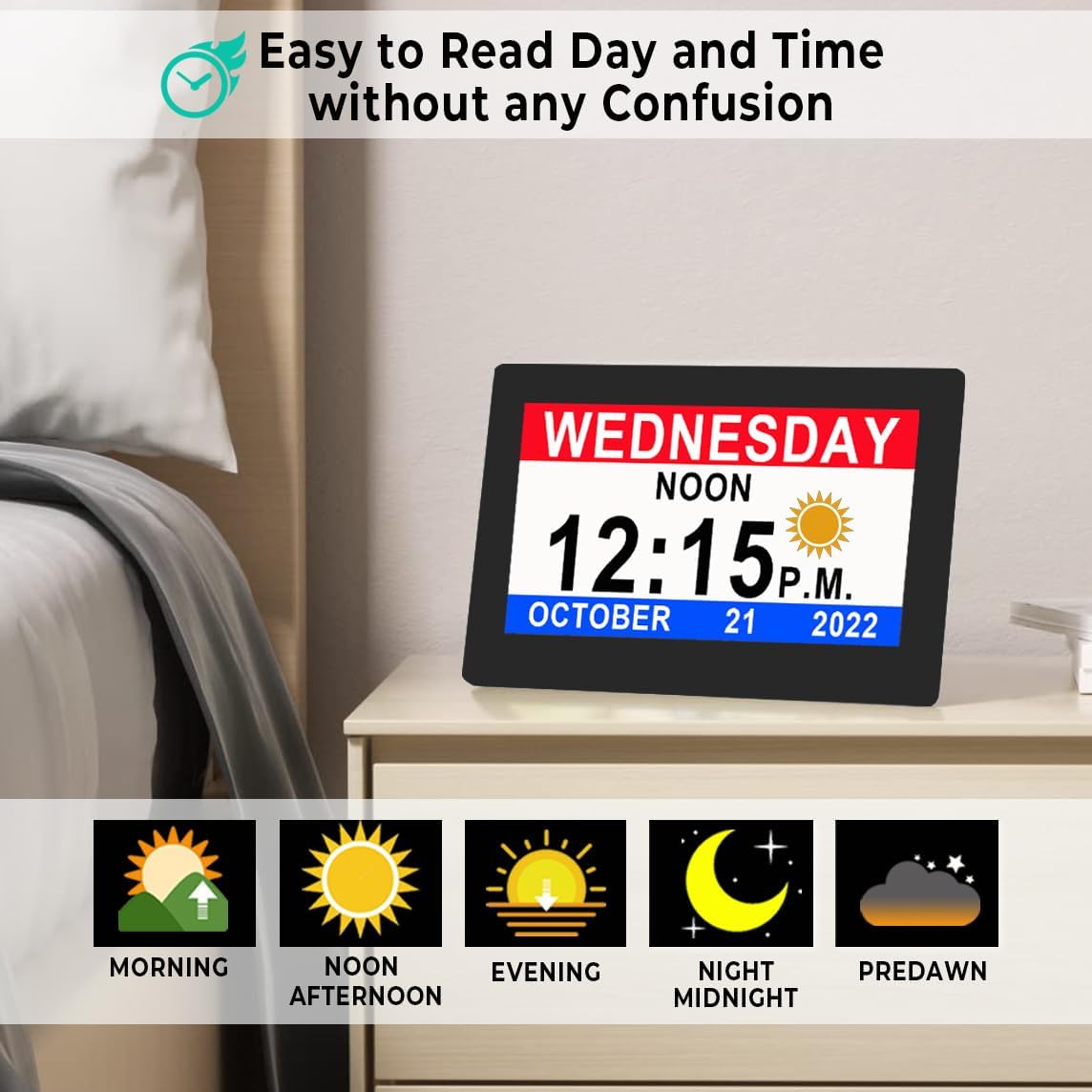 MASSII 11.5' Black+ 7' Black +7' White Digital Clock with Auto DST and 20 Alarms Custom Reminders, Non-Abbreviated Calendar Day Date Clock for Seniors Dementia Alzheimers'