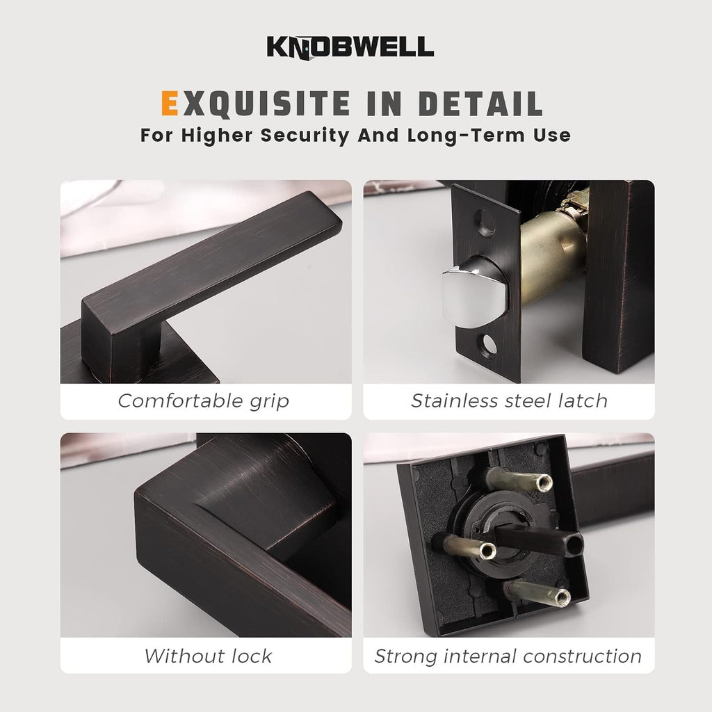 KNOBWELL 4 Pack Bronze Lever Door Handle Passage Door Knob, Heavy Duty Square Door Knob for Closet Hallway Without Lock