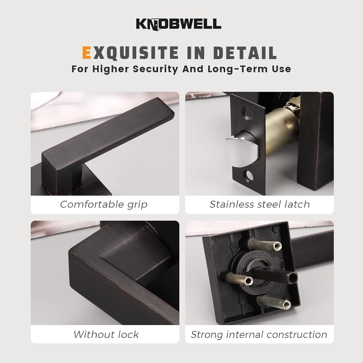 KNOBWELL 5 Pack Brushed Bronze Door Handle No Locking, Modern Square Passage Door Handle Interior Closet Door Knob for Hallway Pantry