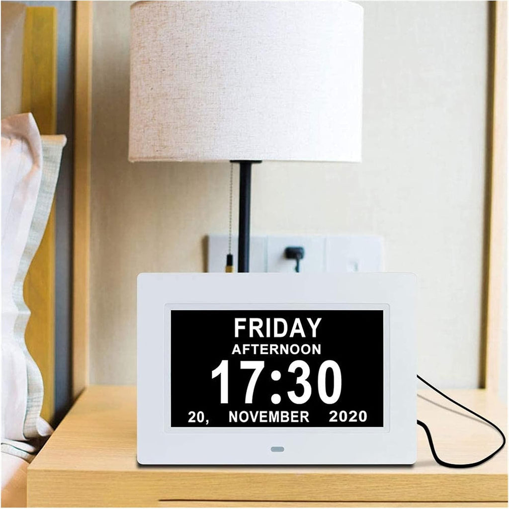7 Inch Digital Calendar Day Date Clock - 12 Alarm Options,Extra Large Non-Abbreviated Day& Memory Loss Clock for Seniors,Dementia,Impaired Vision