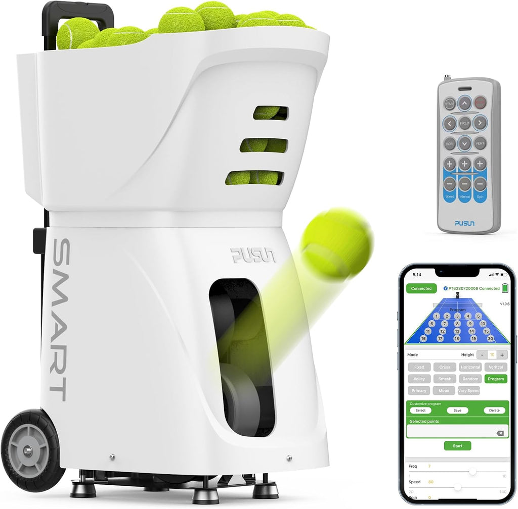 PT-SMART Tennis Ball Machine - Smart App for Apple Watch & Phone Control, Tennis Ball Launcher with 20 Landing Points, 12 Training Modes & 4-6h Battery Life, Tennis Serving Machine
