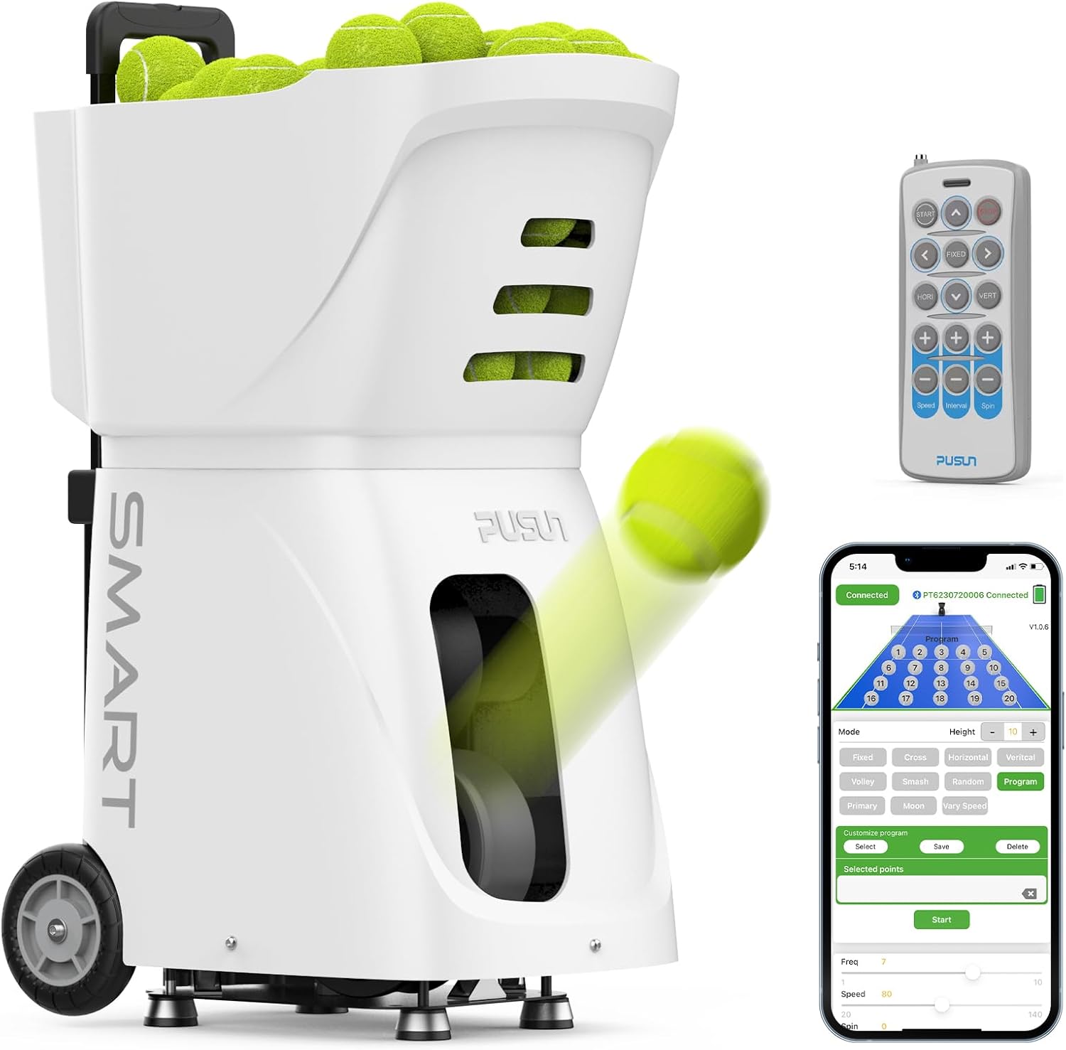 PT-SMART Tennis Ball Machine - Smart App for Apple Watch & Phone Control, Tennis Ball Launcher with 20 Landing Points, 12 Training Modes & 4-6h Battery Life, Tennis Serving Machine