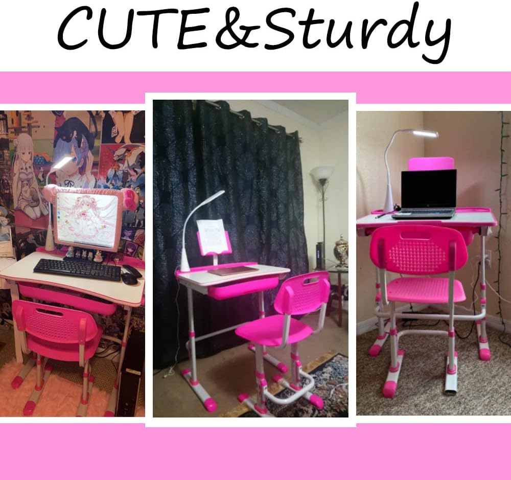 Yinleader Kids Desk and Chair Set,Height Adjustable,Spacious Storage Drawer,with Adjustable Tilted Desktop, Bookstand, Touch Led Lamp for School Student(Pink)
