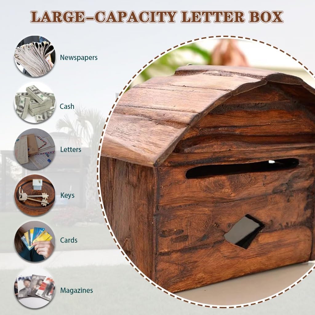 Antique Thai Wooden Mailbox - Farmhouse Wall Post Box with Bill Slot, Vintage Outdoor Garden Decor, Original Texture