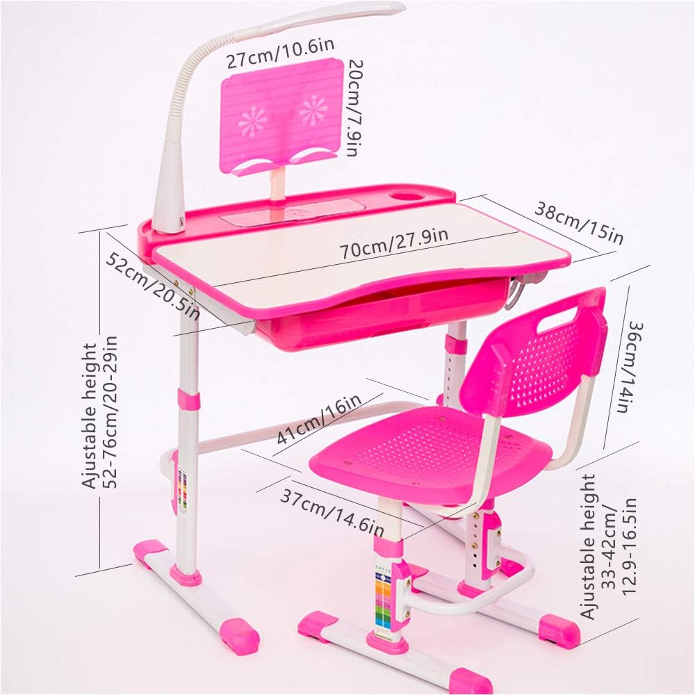 Cantonape Kids Desk and Chair Set, Height Adjustable Children School Study Desk with Tilt Desktop, Bookstand, LED Lamp, Metal Hook and Storage Drawer for Boys Girls, Pink