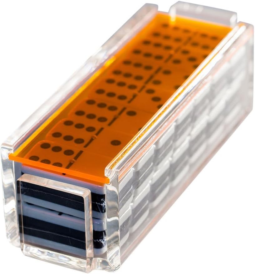 Modern Double Six Jumbo Tiles Dominoes Set, Acrylic Box with Acrylic Lid, Professional Two Toned Black and White Dominoes, Brass Center Rivet, Made in USA (Neon Orange)