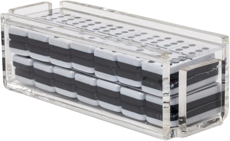 Modern Double Six Jumbo Tiles Dominoes Set, Acrylic Box with Acrylic Lid, Professional Two Toned Black and White Dominoes, Brass Center Rivet, Made in USA (Clear)