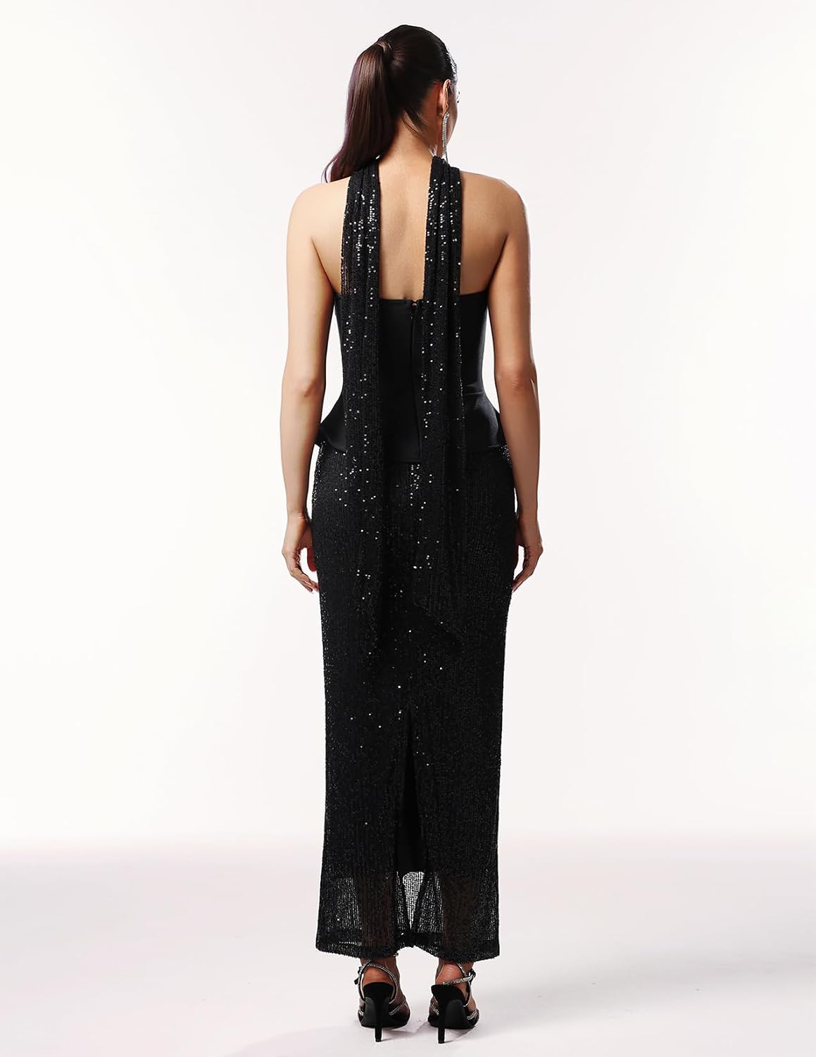Black Strapless Sleeveless Halter Streamer Two Piece Skirt Set for Women Elegant Cocktail Maxi Sequin Skirt and Top Set