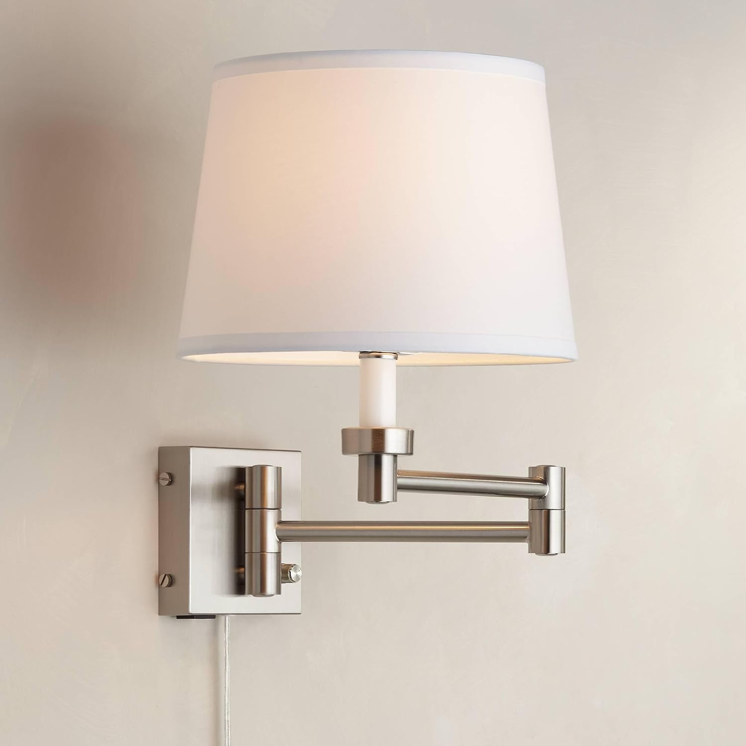 360 Lighting Vero Modern Swing Arm Wall Lamp with USB Charging Port Brushed Nickel Plug-in Light Fixture White Drum Shade for Bedroom Bedside House Reading Living Room Home Hallway Dining