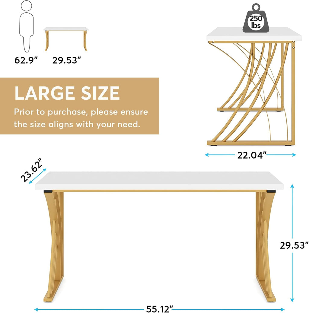 LITTLE TREE 55'' Large Modern Computer Desk, White & Gold Luxury Laptop PC Student Table, Makeup Vanity Table with Thick Frame & Strong Legs, Sturdy Writing Workstation for Home & Office