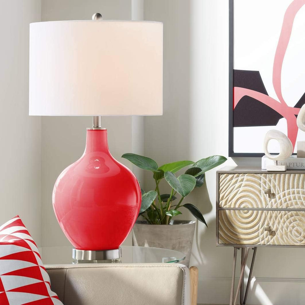 Color + Plus Modern Table Lamp 28.5' Tall Bright Red Glass OVO White Linen Drum Shade for Living Room Family Bedroom Bedside Nightstand