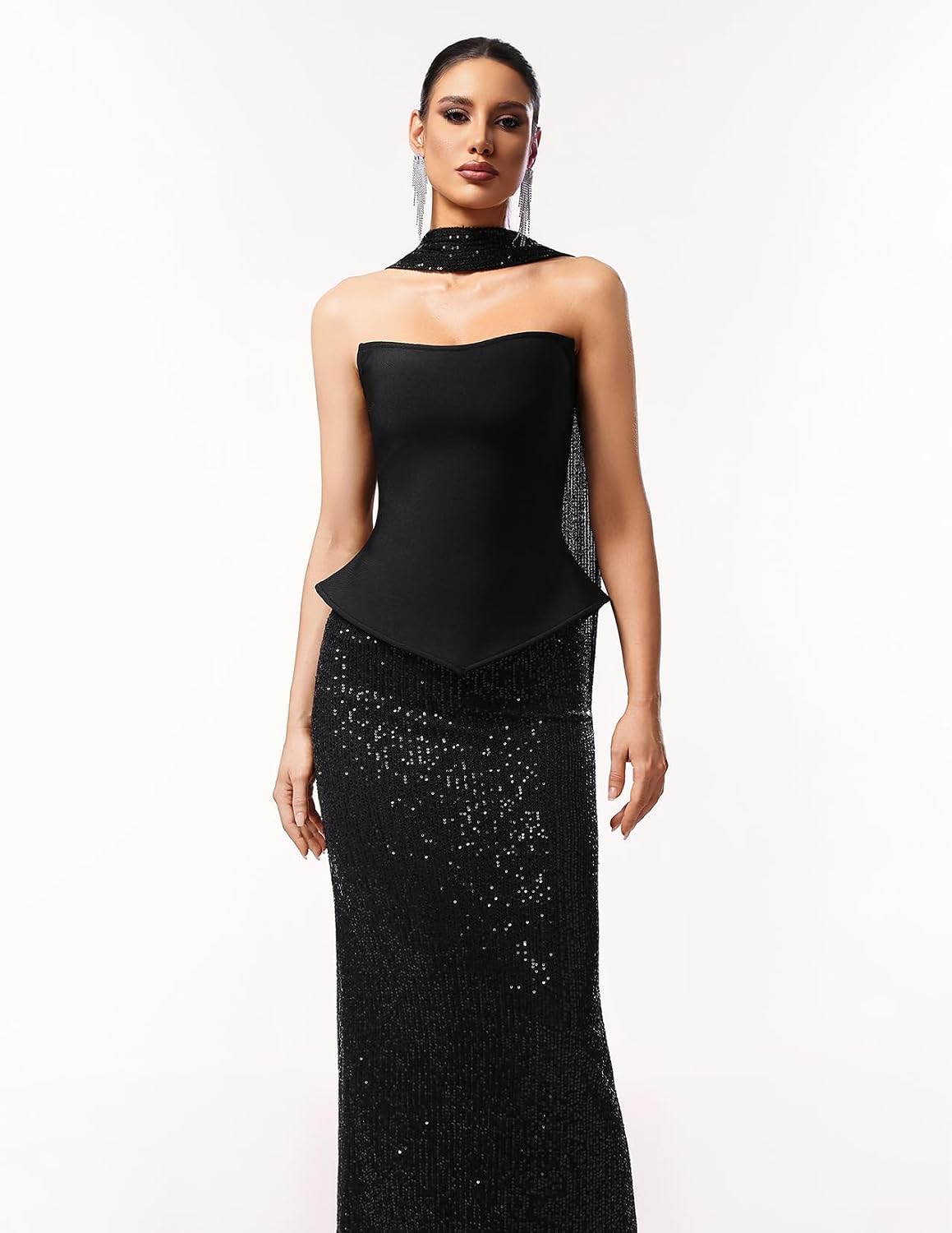 Black Strapless Sleeveless Halter Streamer Two Piece Skirt Set for Women Elegant Cocktail Maxi Sequin Skirt and Top Set