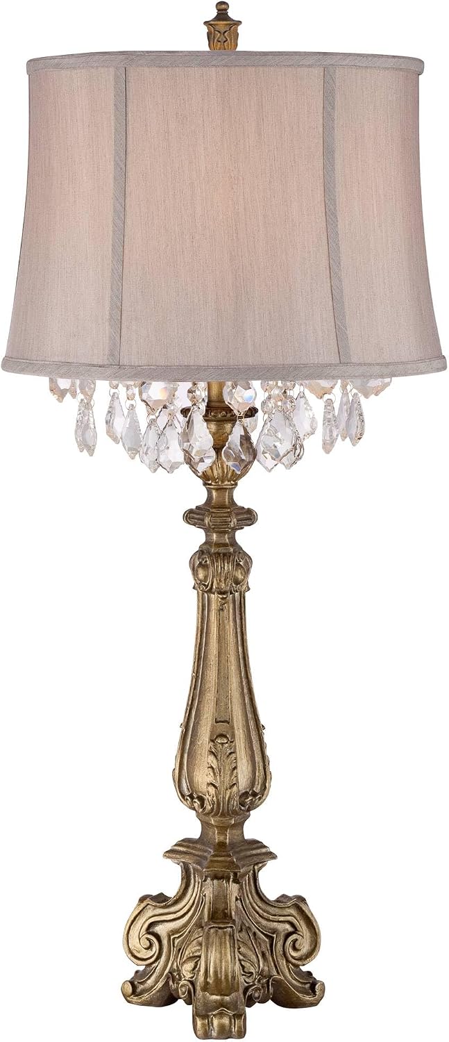 Barnes and Ivy Dubois 37 1/4' Tall Large Traditional Country Cottage Core End Table Lamps Set of 2 Antique Gold Finish Fabric Shade Console Living Room Bedroom Bedside Nightstand House Office Home