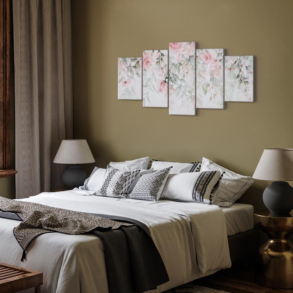 artgeist Acoustic Canvas Wall Art Flowers 40x20 in - 5pcs Picture with Acoustic Foam Sound Print Artwork Room Acoustics Soundproofing - Leaves Rose Nature rosa Green Plants Watercolor b-A-0697-b-n