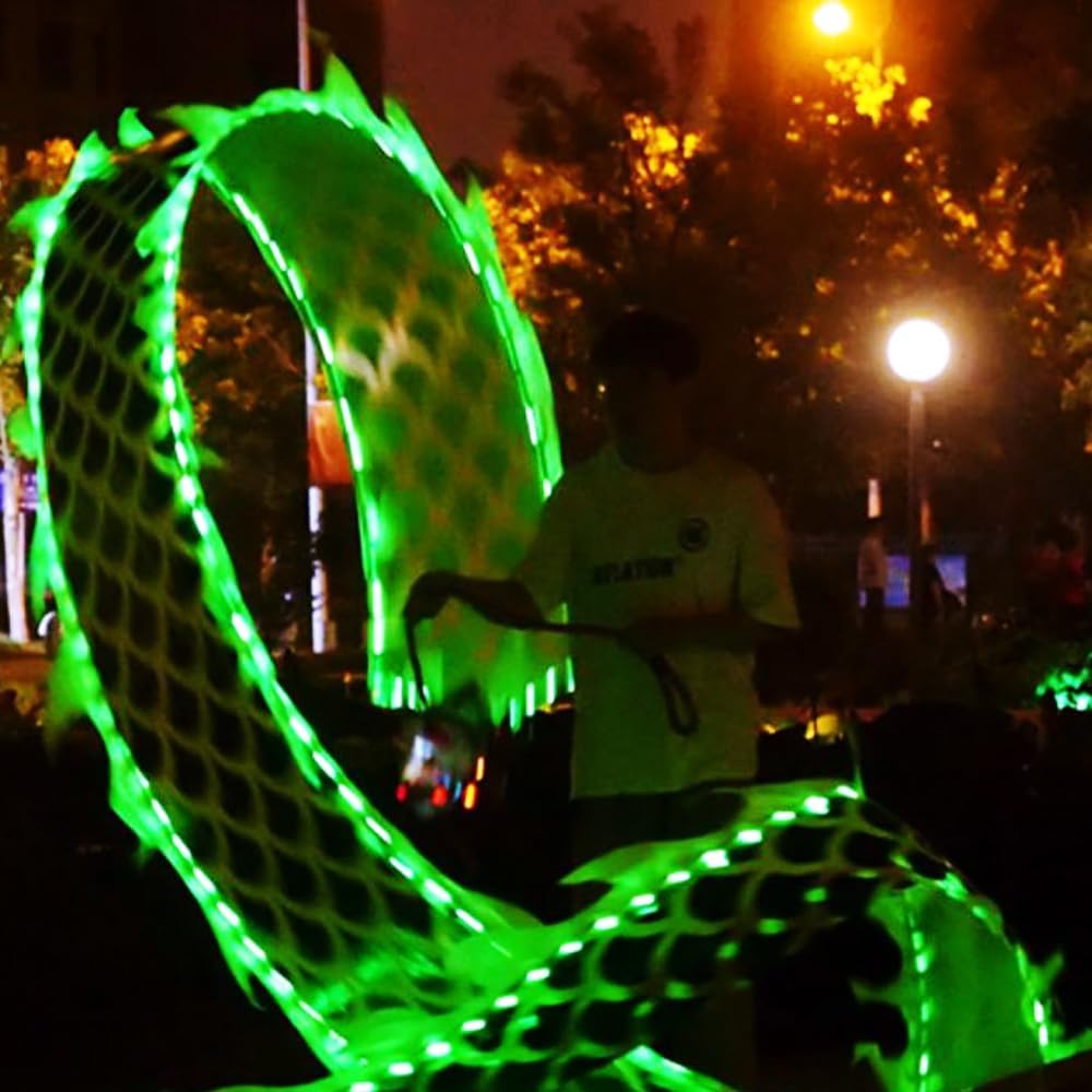 8 Meters (26.2 FT) Square Exercise Dance Dragon Poi with 3D Dragon Head and Swing Rope Combo, Chinese Dragon Dance Wulong Flowy Ribbon Streamer Outdoor Fitness Dragon Stage Prop Set (Green LED)