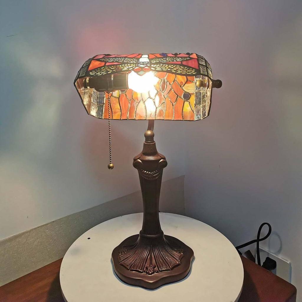 Bieye L10057 Dragonfly Tiffany Style Stained Glass Bankers Desk Lamp Table Lamp for Reading Working Home Decoration, 10' W x 16' H (Red)