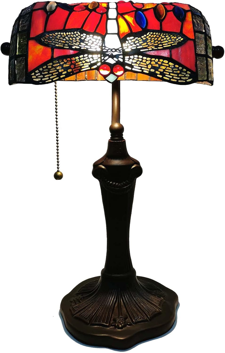 Bieye L10057 Dragonfly Tiffany Style Stained Glass Bankers Desk Lamp Table Lamp for Reading Working Home Decoration, 10' W x 16' H (Red)