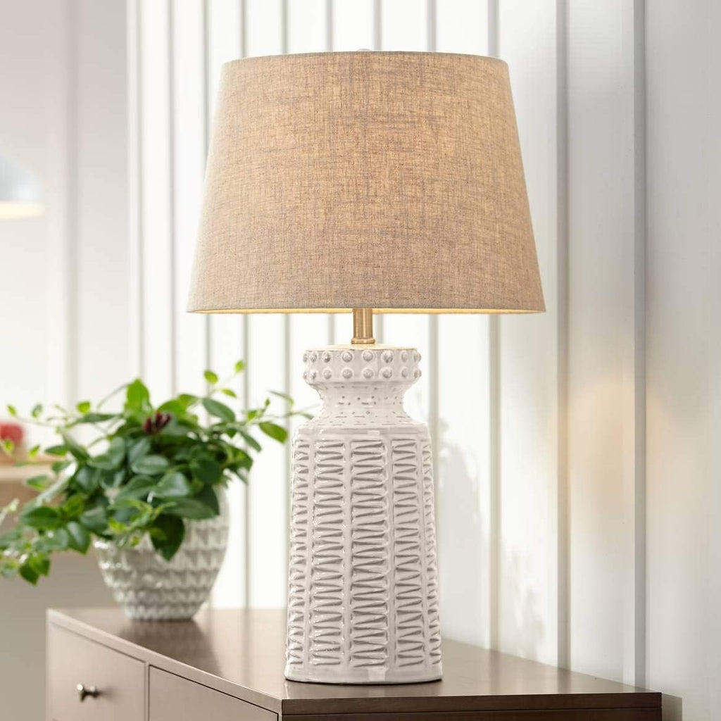 360 Lighting Helene Country Cottage Table Lamps 26' High Set of 2 Ceramic Rustic Cream White Glaze Tan Linen Drum Shade for Living Room Bedroom House Bedside Nightstand (Color May Vary)