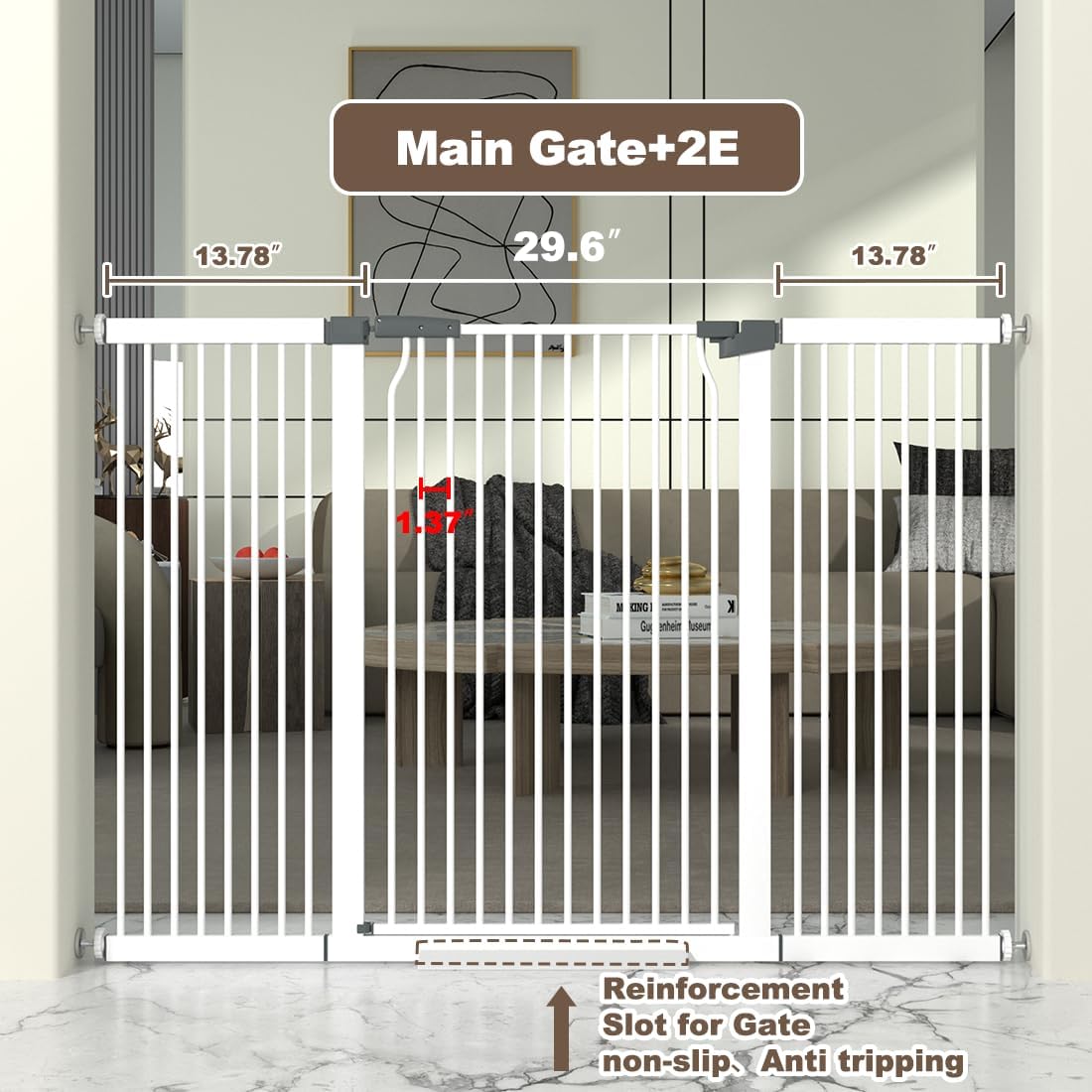 41' Extra Tall Cat Gate for Doorway, 54.5-60.2'' Metal Pet Baby Safe Gate, Extra Wide Pressure Mounted Child Door with Expansion Kit, No Drilling Baby Gate Indoor, No Climb Proof Gate, White