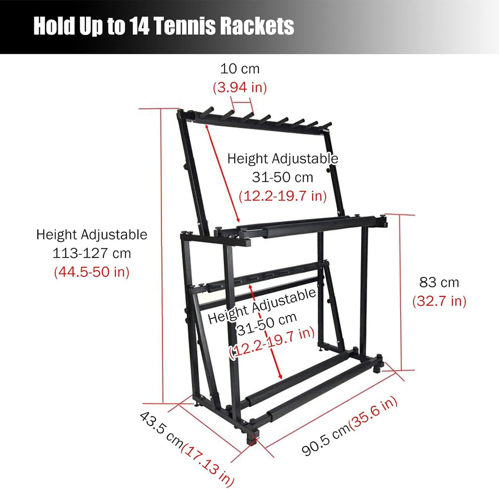 Tennis Racket Storage Rack for Adults Kids, Large Garage Driveway Backyar Tennis Training Equipment, Hold Up 14 Tennis/Badminton Racket, Black