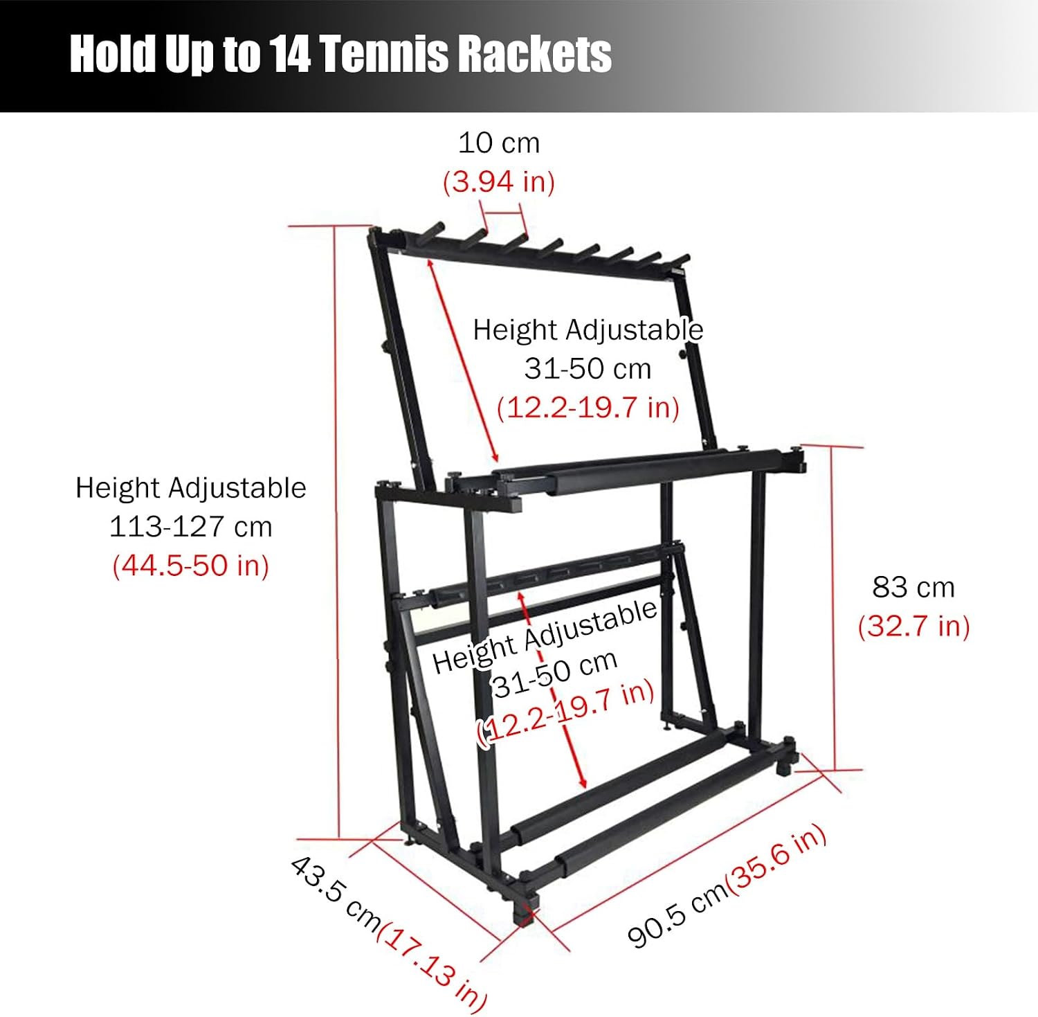 Tennis Racket Storage Rack for Adults Kids, Large Garage Driveway Backyar Tennis Training Equipment, Hold Up 14 Tennis/Badminton Racket, Black