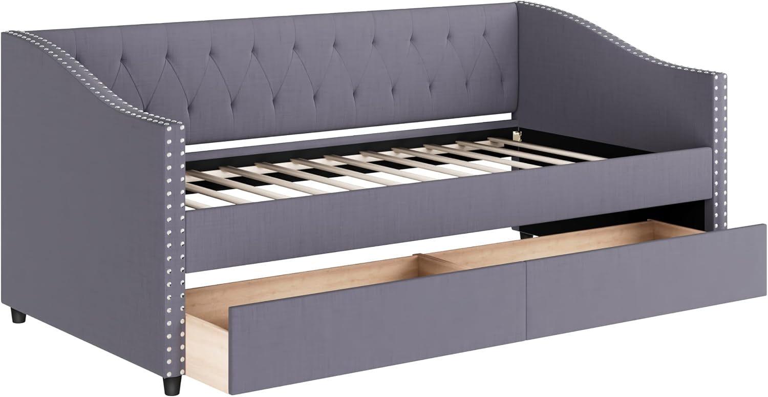 Christopher Knight Home Twin XL Daybed Frame with Two Drawers, Linen Fabric Upholstered Sofa Couch, 85'' Living Room Sleeper Sofa, Cozy Daybed for Bedroom, Diamond-Tufted Design, Rivet Armrests, Gray