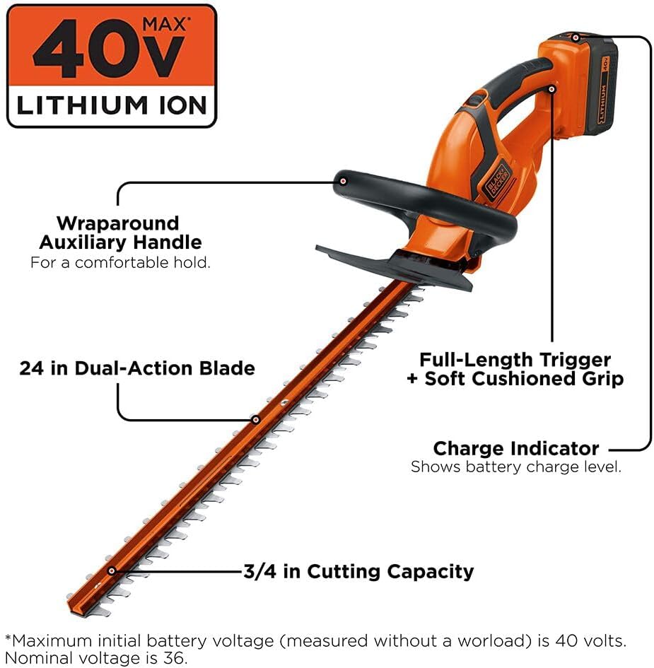 BLACK+DECKER 40V MAX Hedge Trimmer, Cordless, 24-Inch Blade, Battery and Charger Included (LHT2436) | Battery and Charger Included