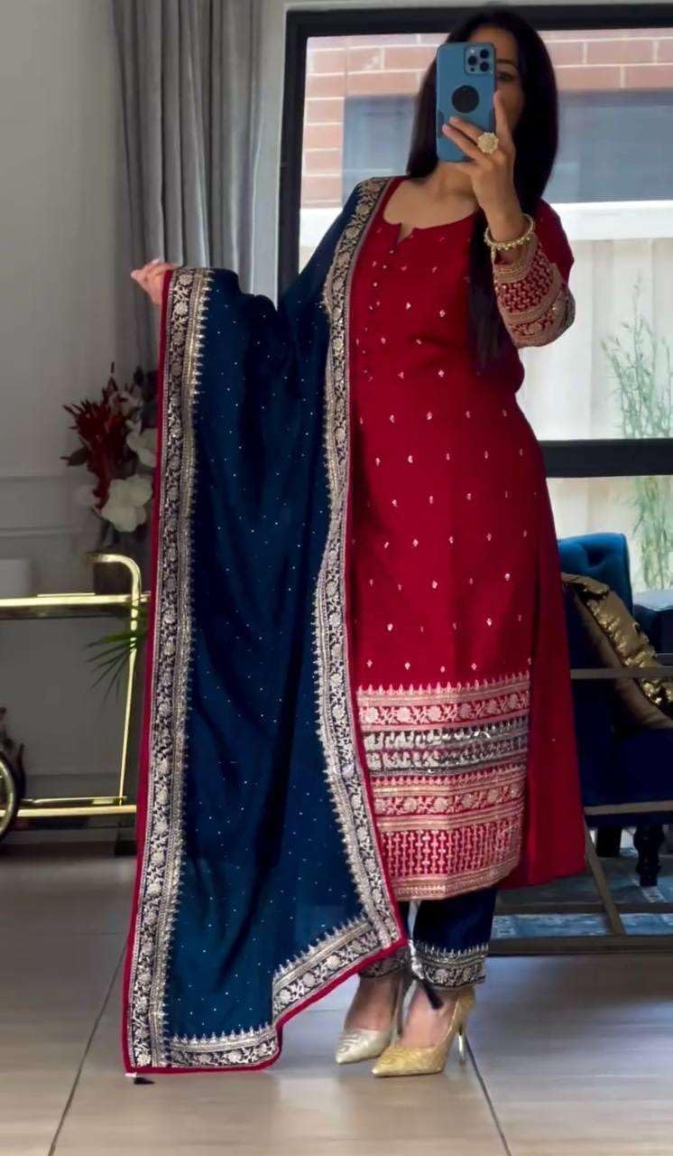 Narayan art and craft Women's Faux Georgette Embroidered Straight Kurti with Pant & Dupatta Set with Rivet Moti Work