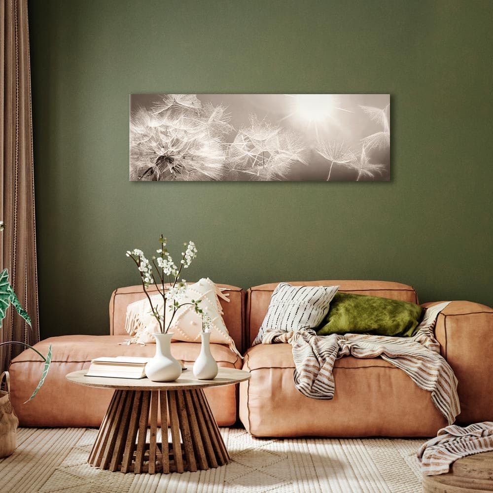 artgeist Acoustic Canvas Wall Art Print Dandelion 53x18 in - 1pcs Picture with Acoustic Foam Sound Print Artwork Room Acoustics Soundproofing - Beige Grey Sepia Nature b-C-0161-b-a