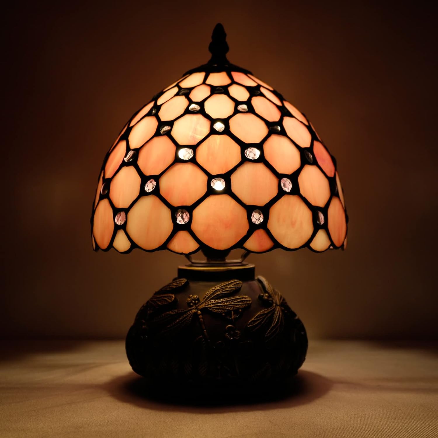 WERFACTORY Small Tiffany Lamp Desk Pink Stained Glass Pearl Bead Mushroom Table Lamp Bronze Mini Accent Lamp W8H11 Inch S005P Series