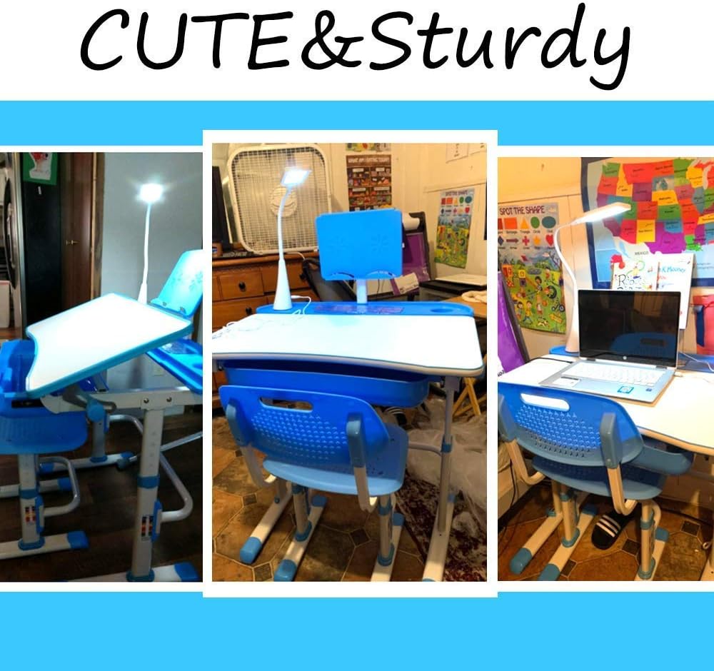 Yinleader Kids Desk and Chair Set,Height Adjustable,Spacious Storage Drawer,with Adjustable Tilted Desktop, Bookstand, Touch Led Lamp for School Student (Blue Set)